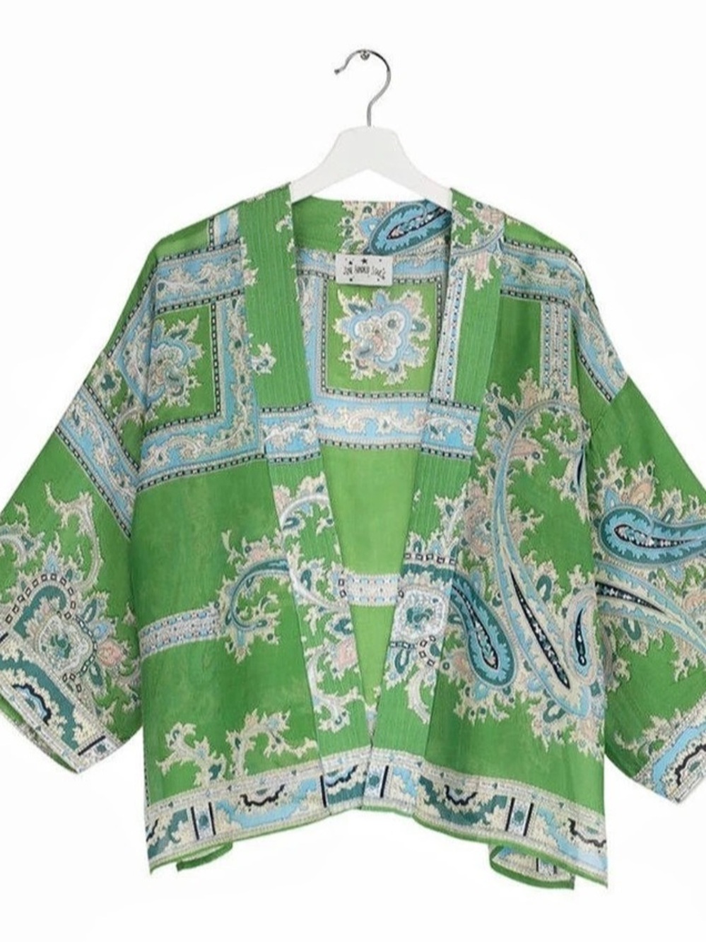 One Hundred Stars Paisley Short Kimono Top in Green & Blue Like New